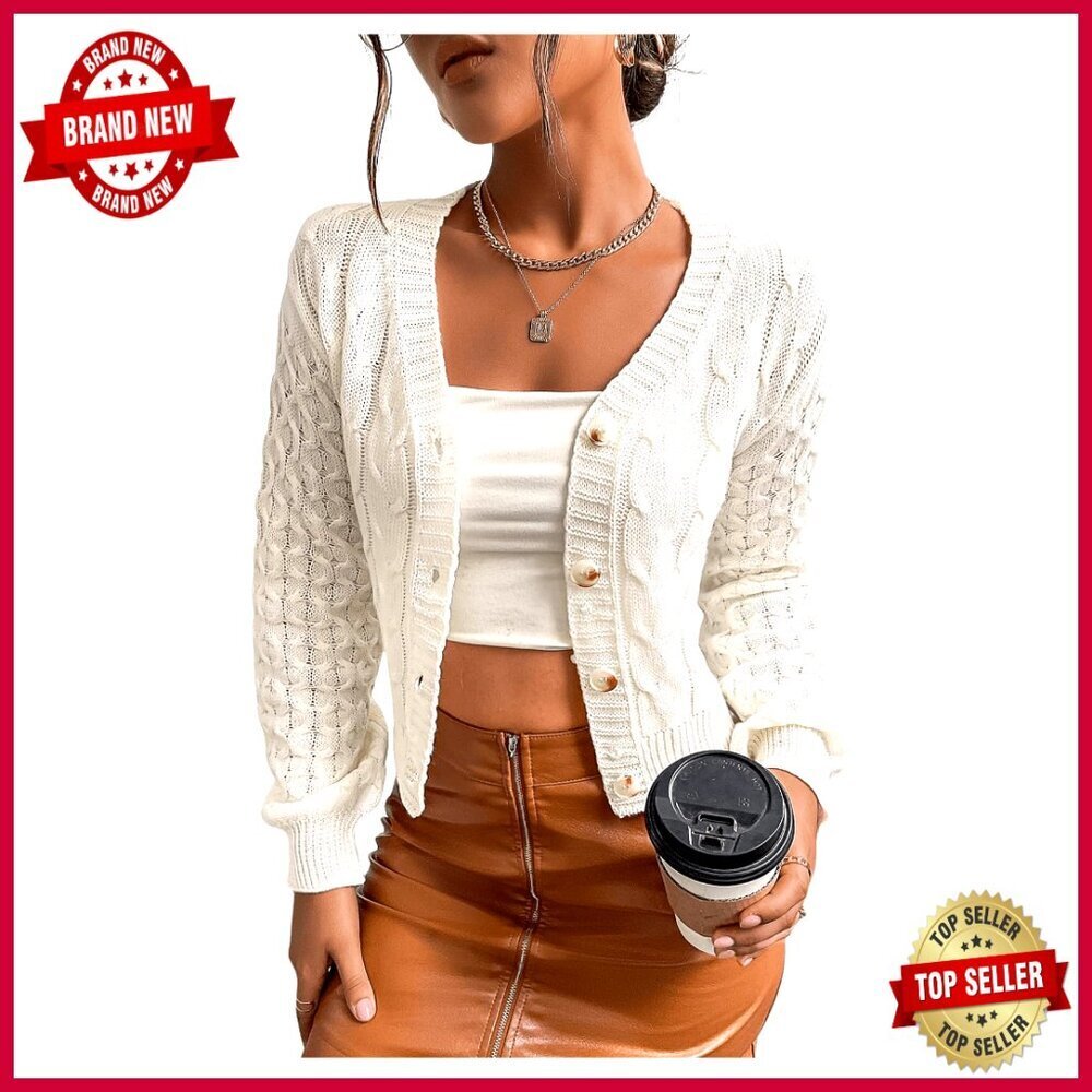 Cable Knit Cropped Cardigan V Neck Long Sleeve Sweater Women's Outerwear